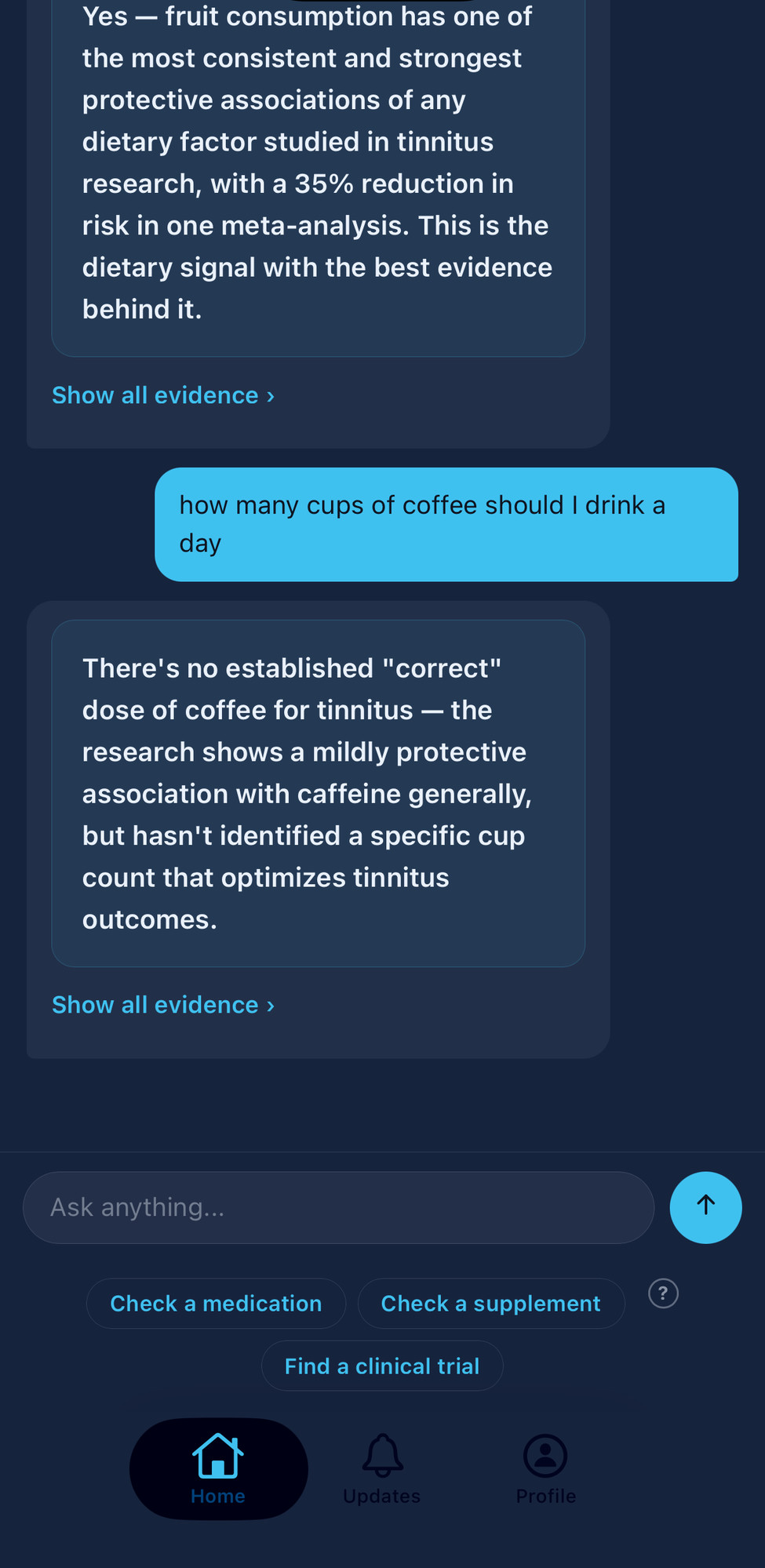 Ava, Attenu's research expert, answering a question about diet and tinnitus with a Show all evidence link