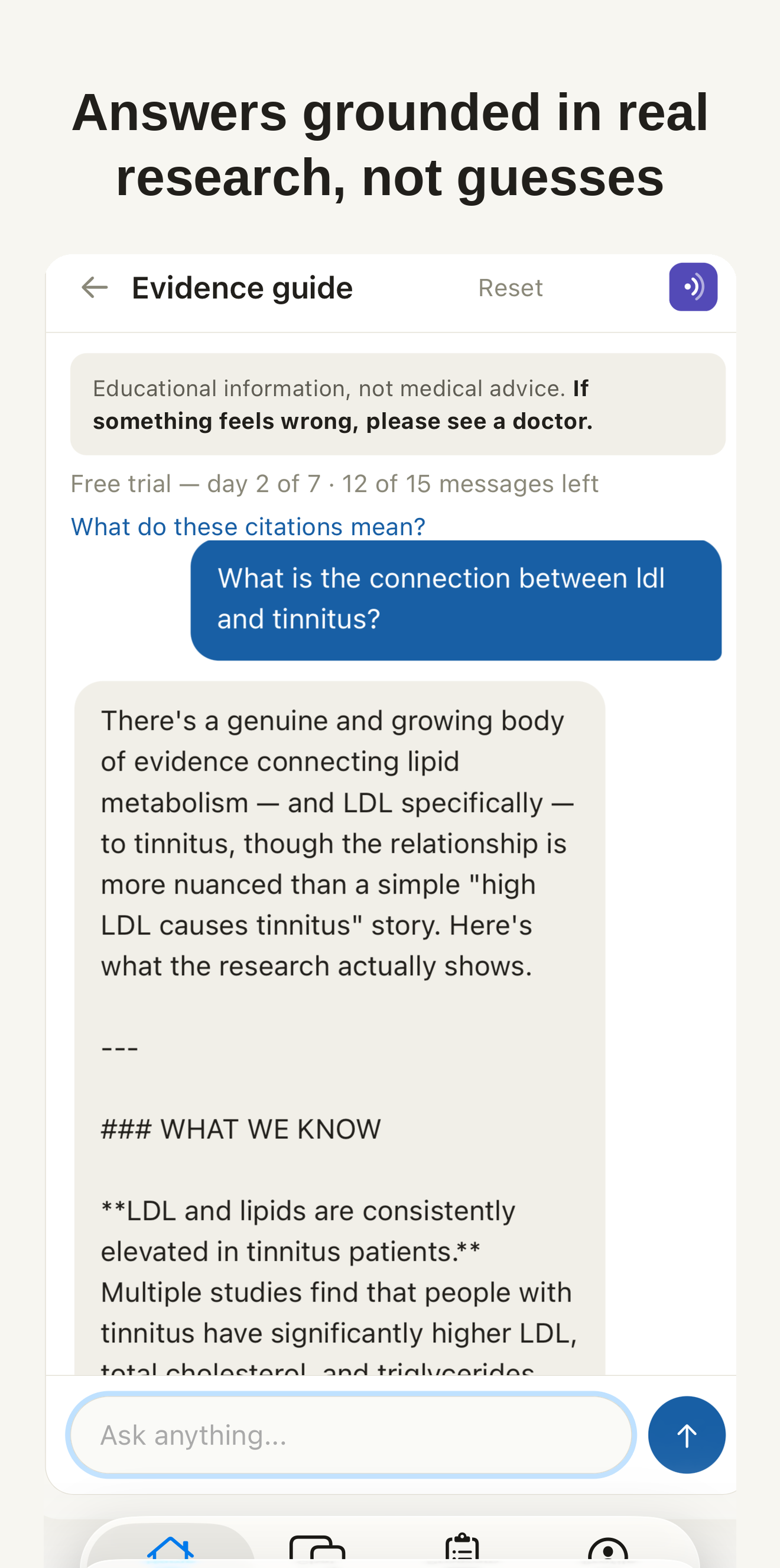 Attenu evidence guide chat answering a question about LDL and tinnitus