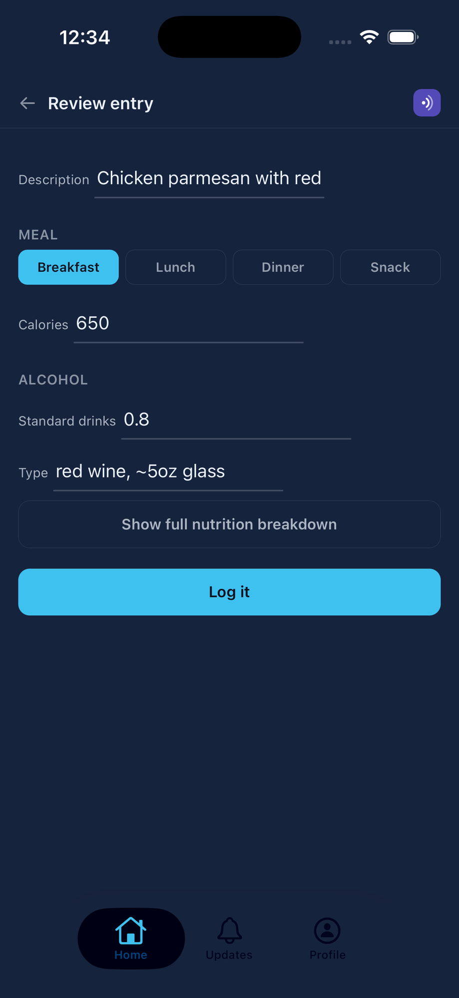 Attenu food and alcohol journal entry screen showing a logged meal, calories, and standard drinks