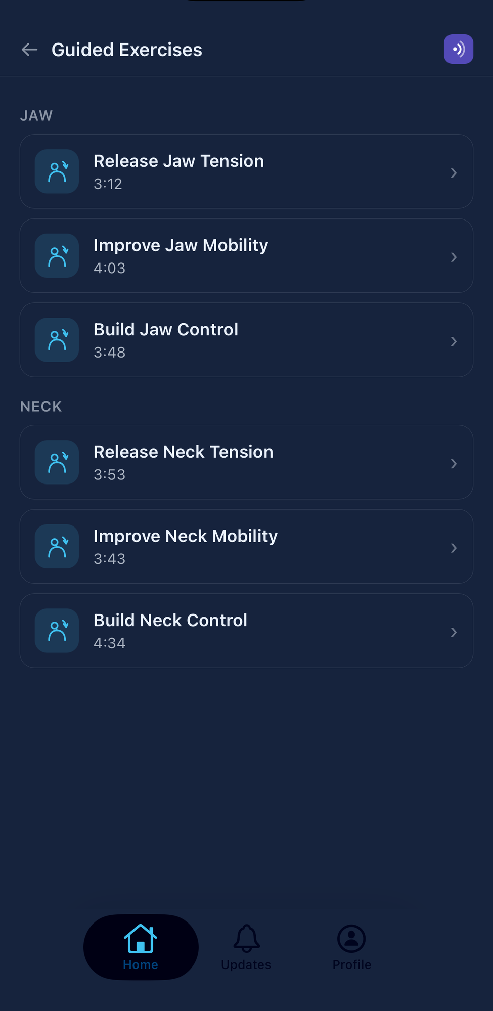 Attenu Guided Exercises screen with Jaw and Neck exercise categories