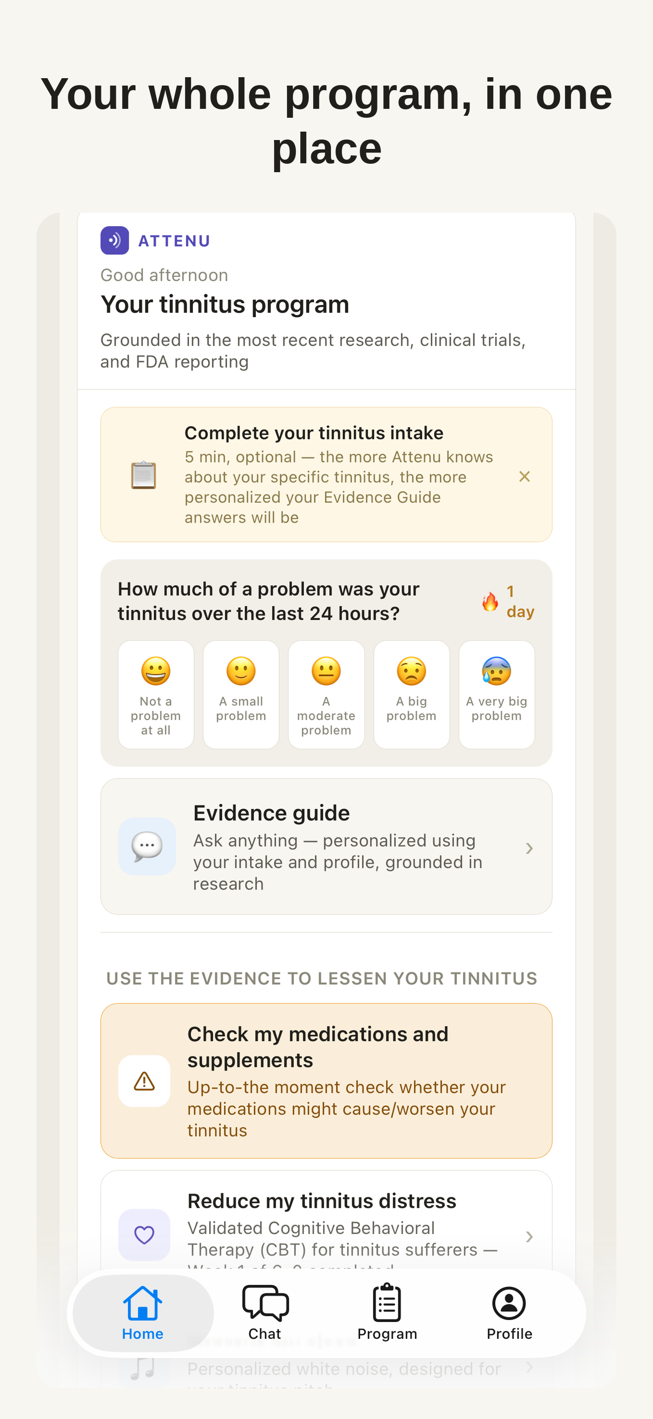 Attenu home screen showing the tinnitus program overview