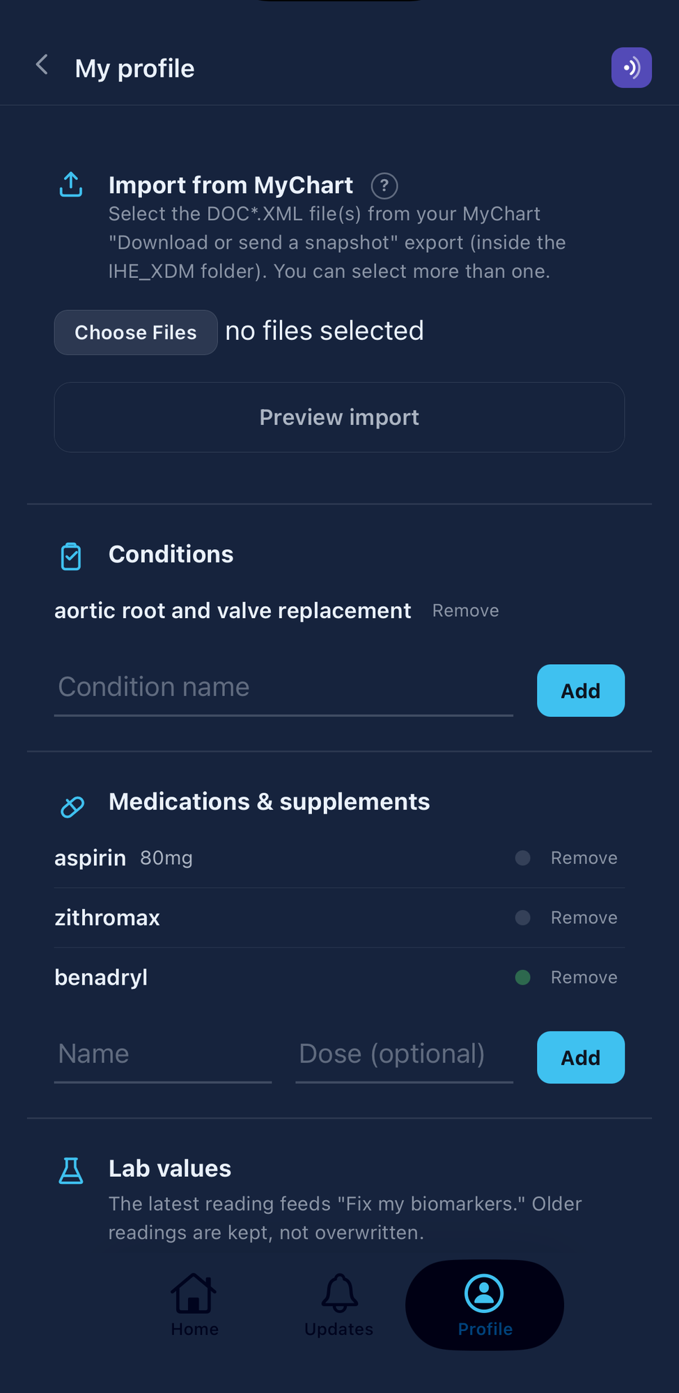 Attenu profile screen showing MyChart import, conditions, medications, and lab values