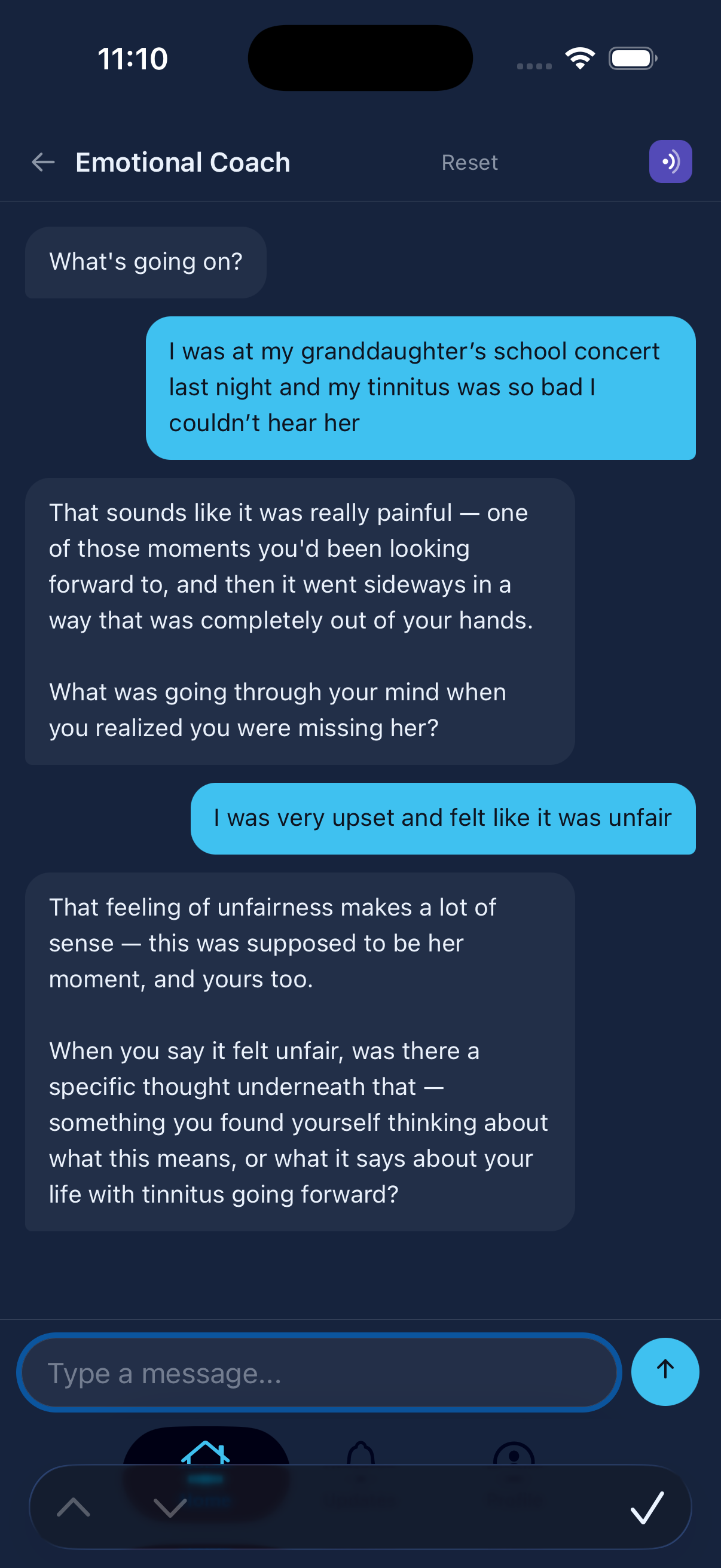 Sage, Attenu's emotional coach, walking through a conversation about missing a granddaughter's concert because of tinnitus