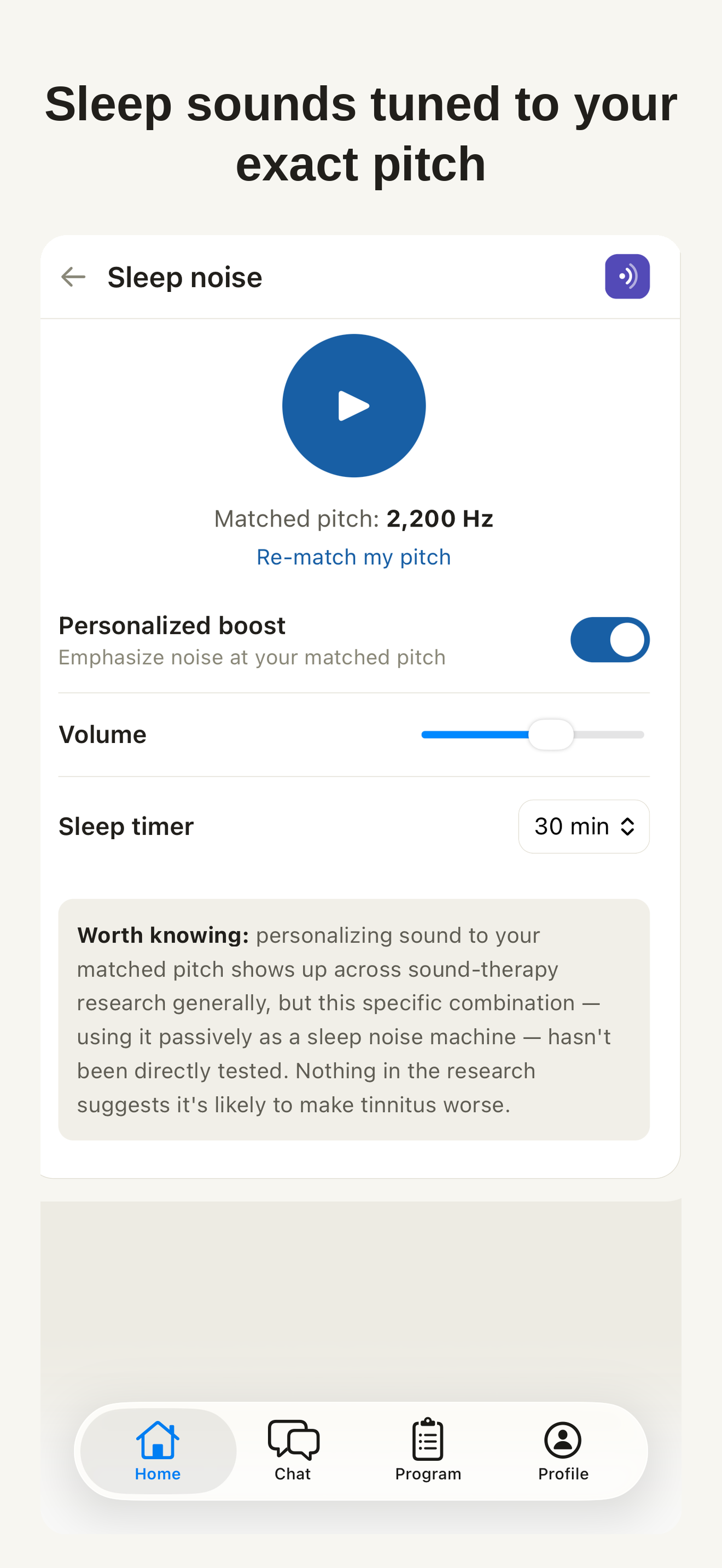 Attenu sleep sound screen matched to a 2200 Hz pitch
