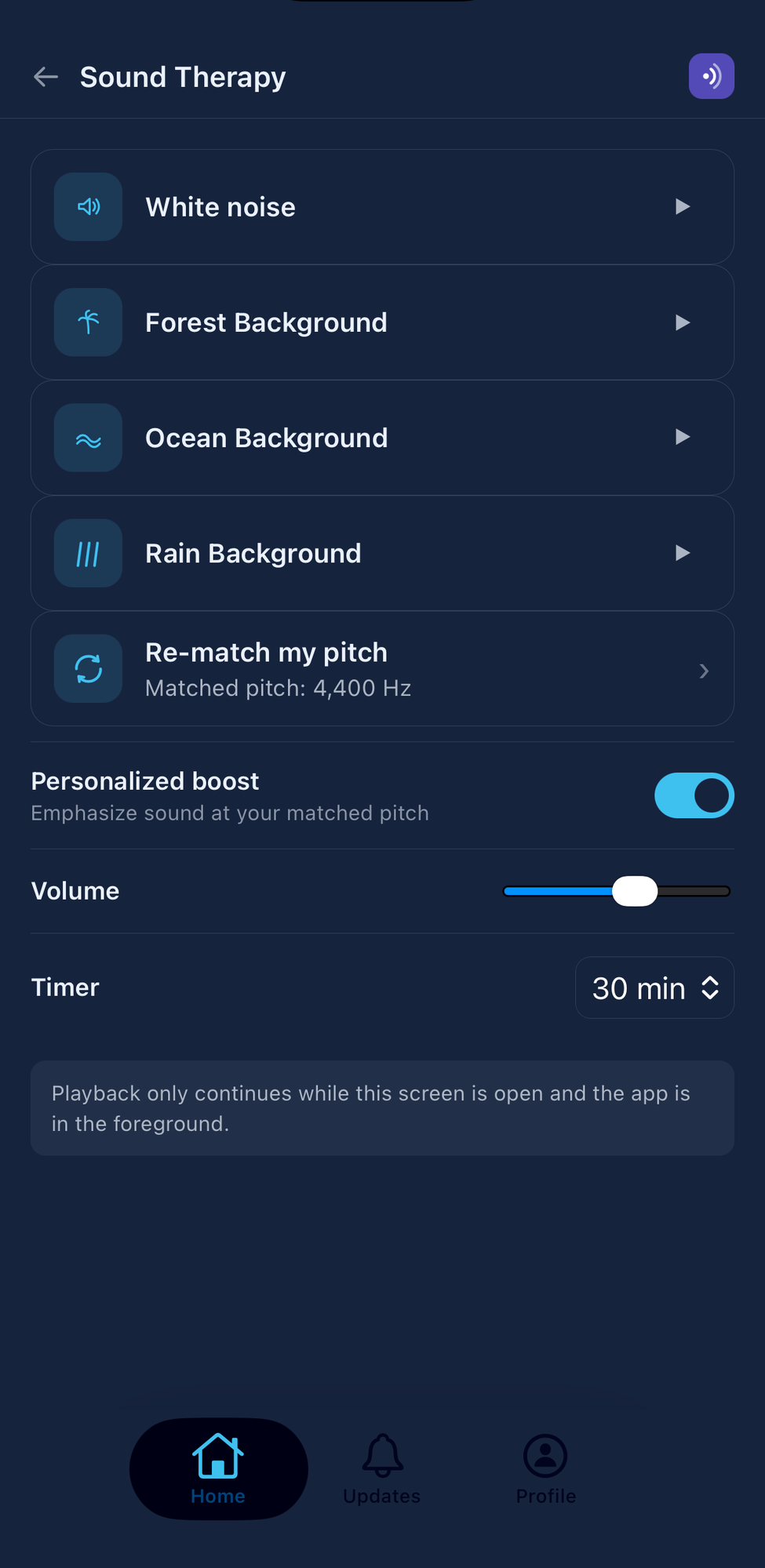 Attenu Sound Therapy screen matched to a 4,400 Hz pitch with personalized boost enabled