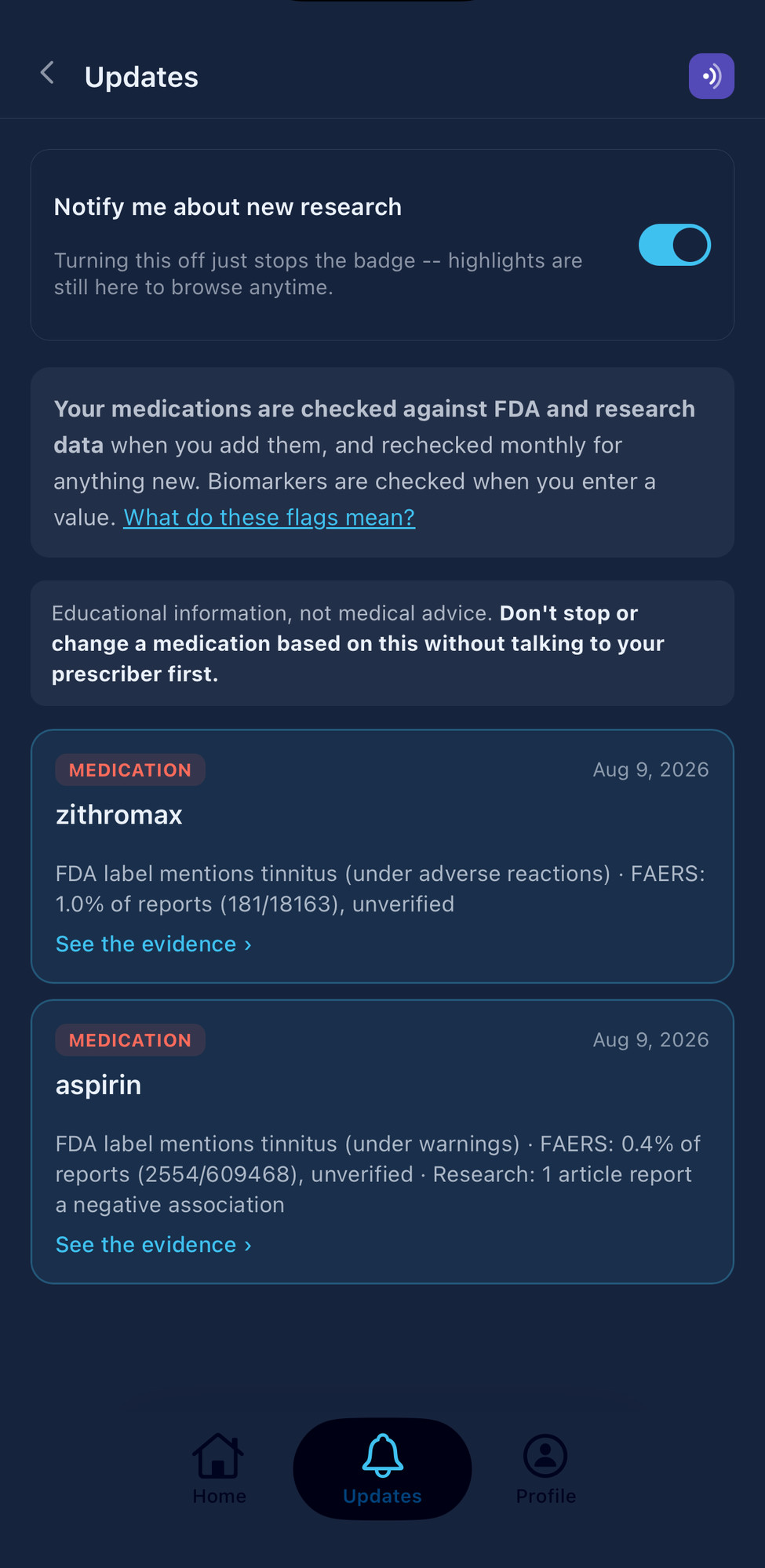 Attenu Updates screen showing medications checked against FDA and research data